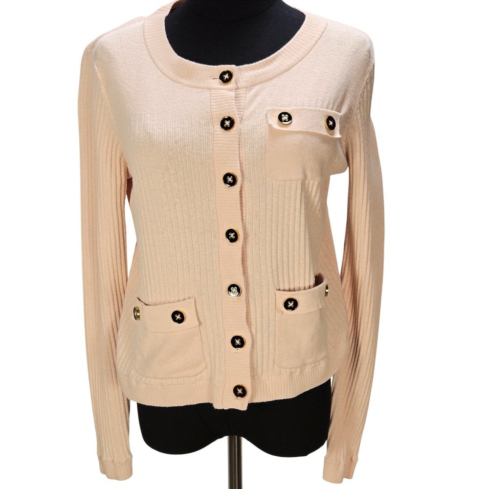 Women's Cabi Medium Cotton Cashmere Ribbed Cardigan Gold Button‎ Old Money